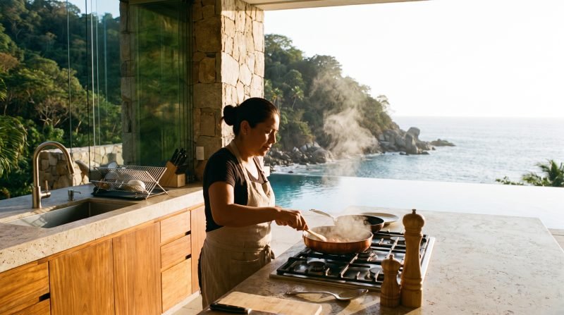 Private chef cooking in the open kitchen of a Conchas Chinas hillside villa with infinity pool and Banderas Bay view