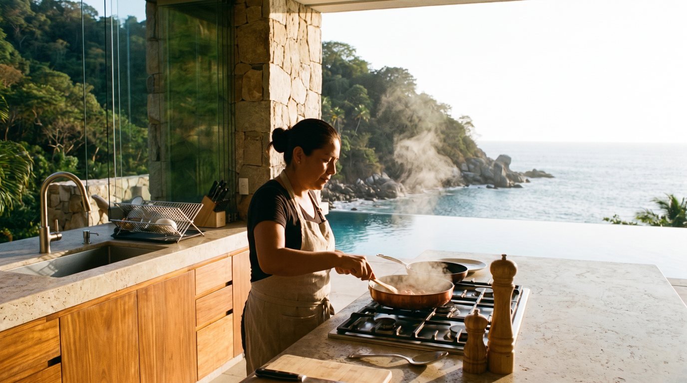 Private chef cooking in the open kitchen of a Conchas Chinas hillside villa with infinity pool and Banderas Bay view