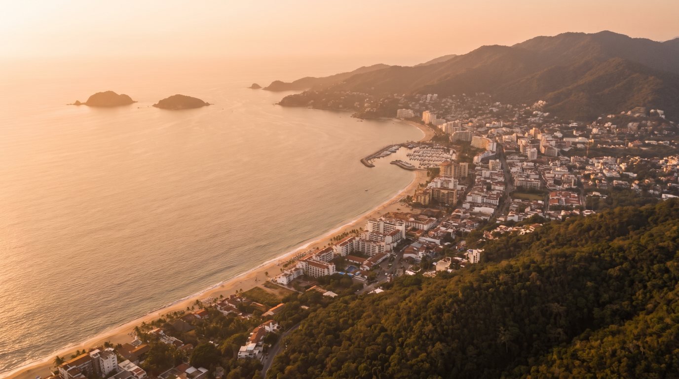 Aerial view of Banderas Bay at golden hour with Puerto Vallarta, its marina, beaches and the green mountains of Riviera Nayarit
