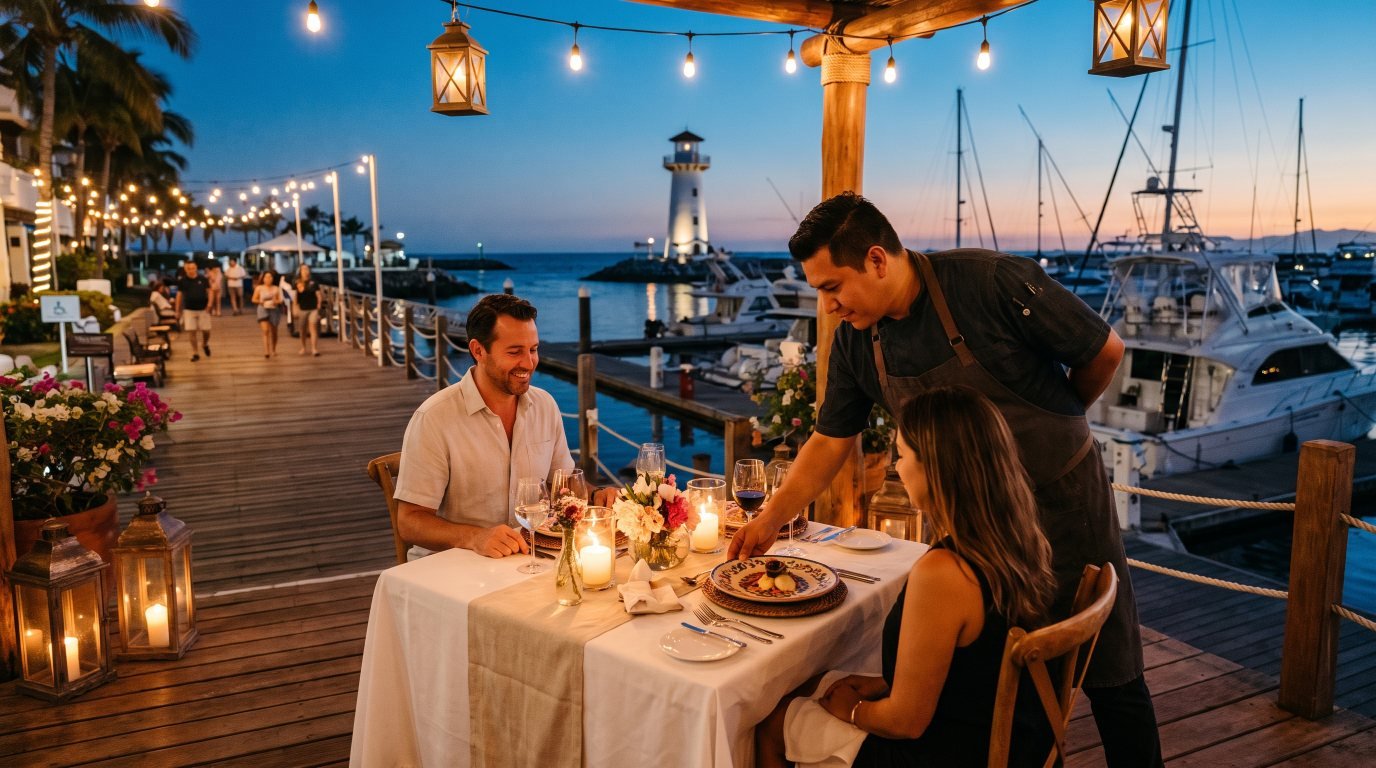 Private Chef in Marina Vallarta Private chef serving dinner on a Marina Vallarta waterfront terrace with the marina lighthouse at dusk