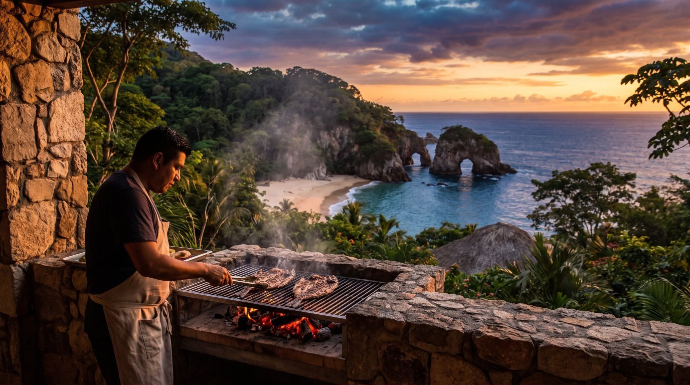 Private Chef in Mismaloya Private chef grilling whole fish over coals on a Mismaloya cliffside villa terrace above the cove with Los Arcos rock formations at sunset