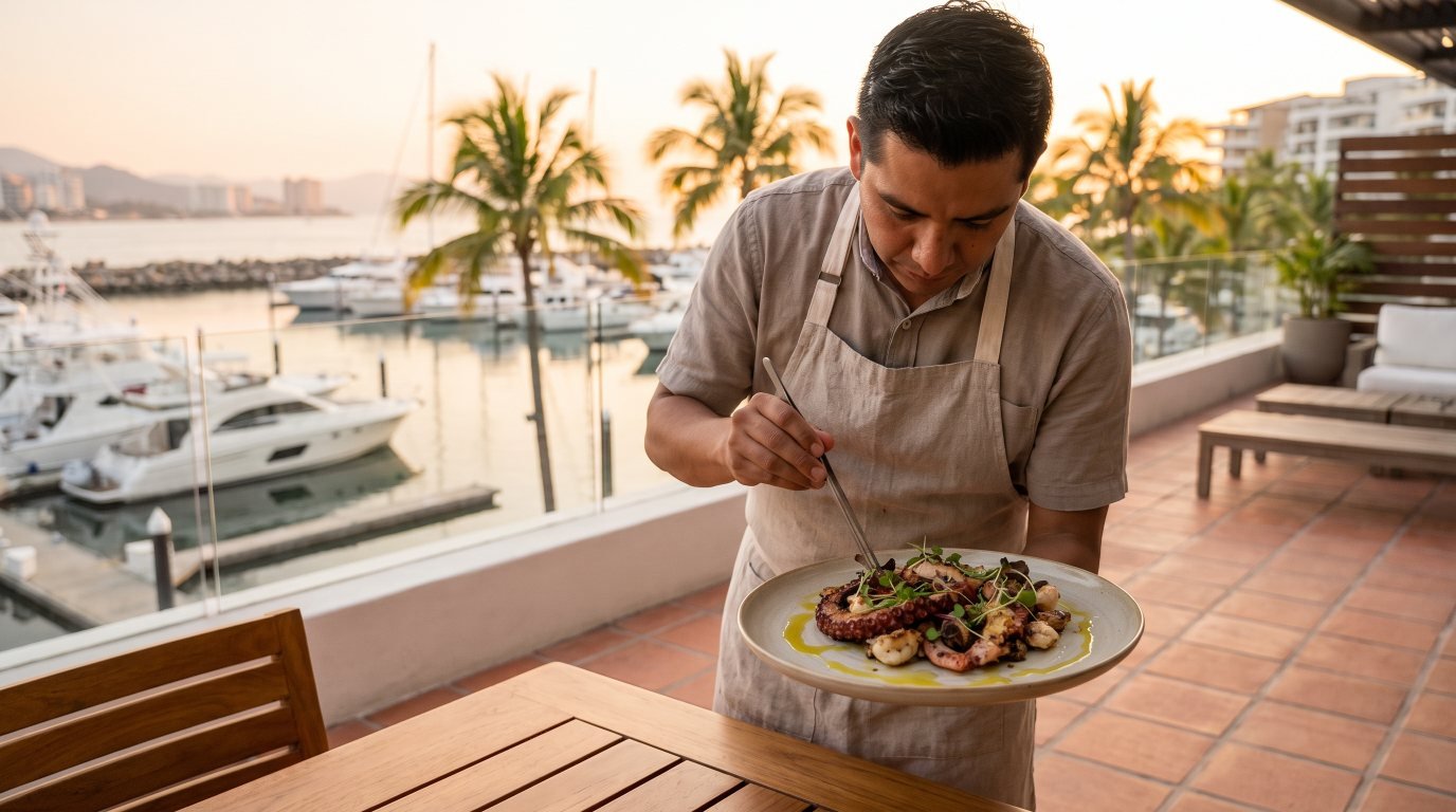 Private chef plating fresh seafood on a Nuevo Vallarta condo terrace overlooking the marina at sunset