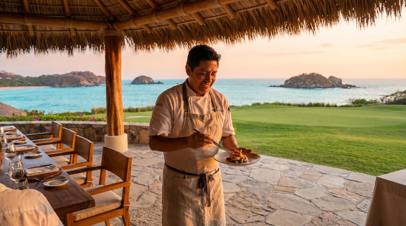 Private chef presenting a seafood tasting course on a Punta Mita luxury estate terrace with the golf course and Marietas Islands on the horizon