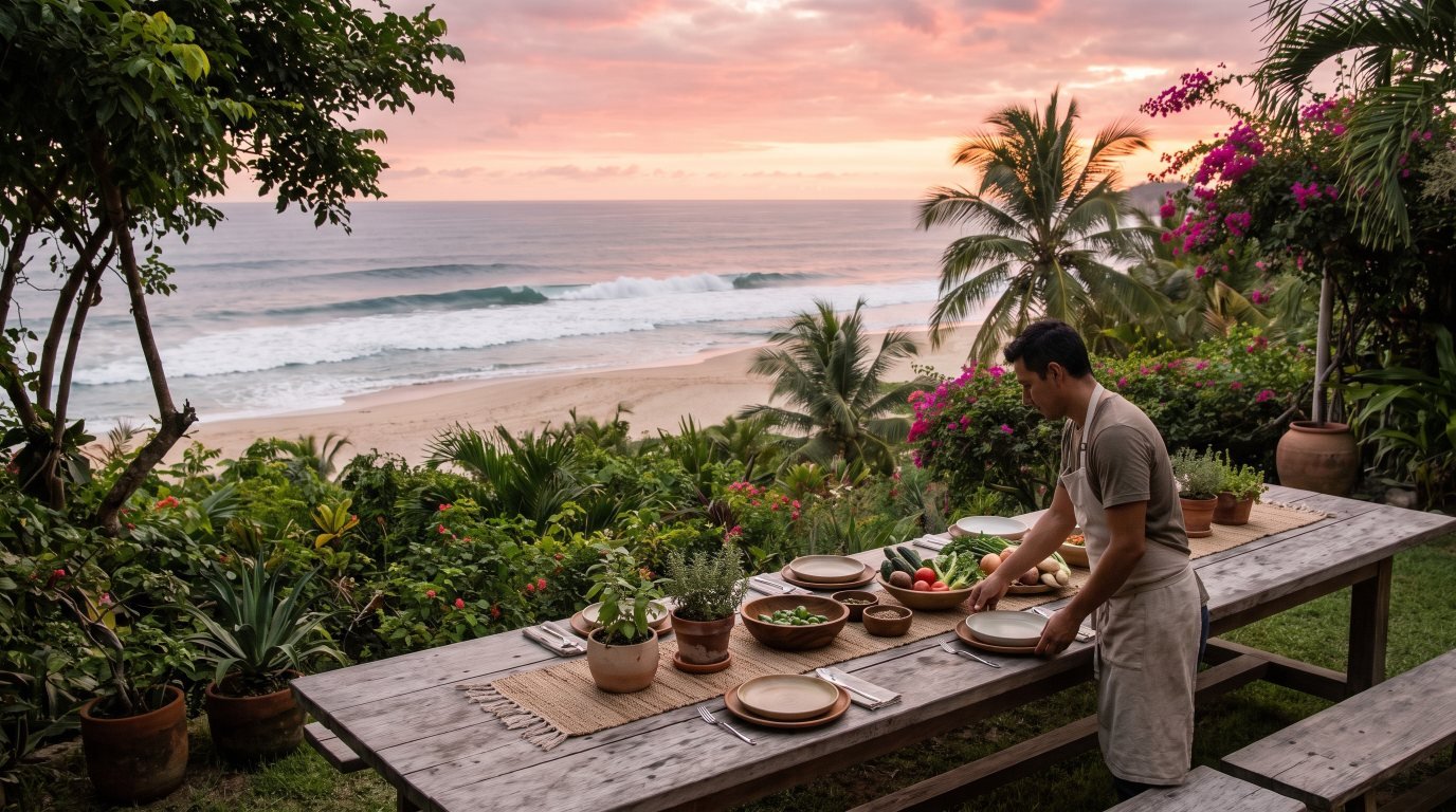 Private chef setting a long farm-to-table dinner on a San Pancho hillside villa garden terrace with the wide beach and sunset behind