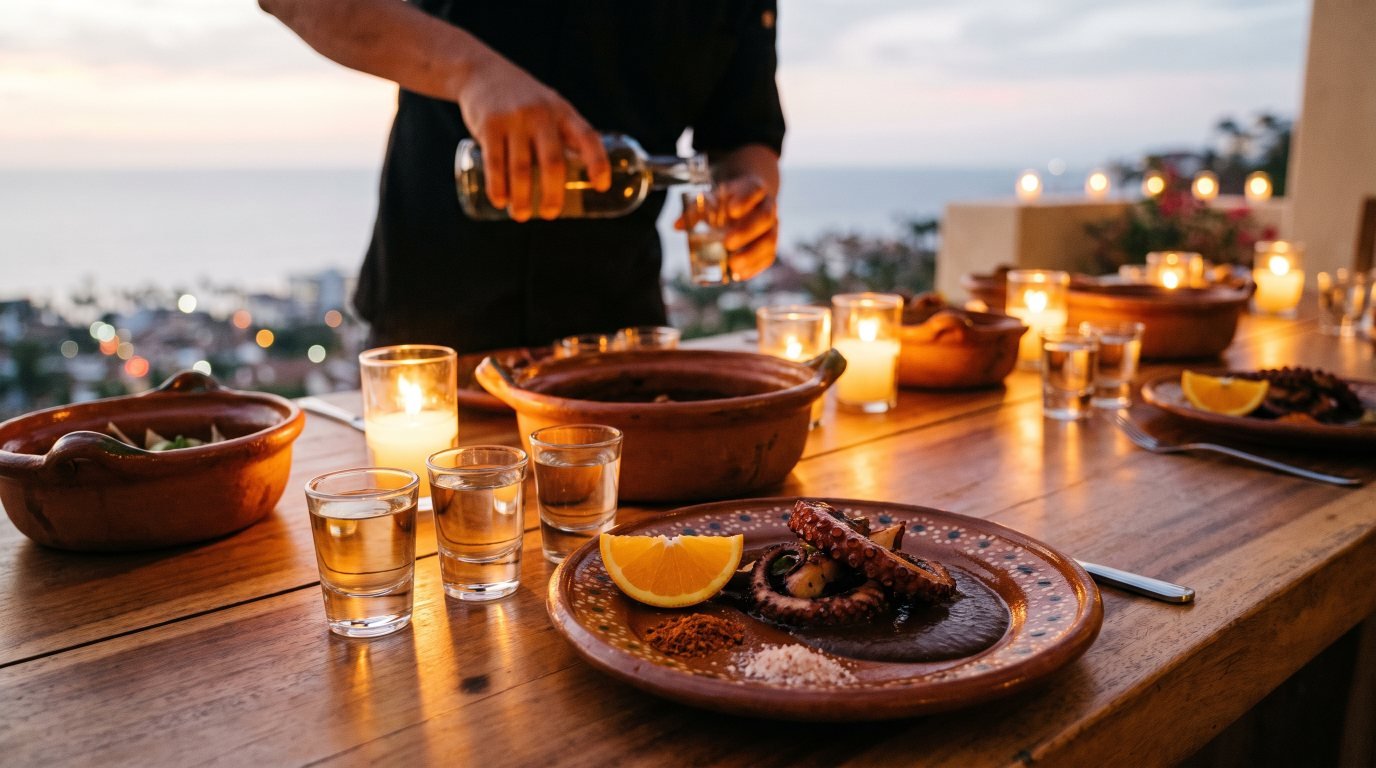 Tequila, raicilla and mezcal tasting glasses beside grilled octopus at a villa pairing dinner