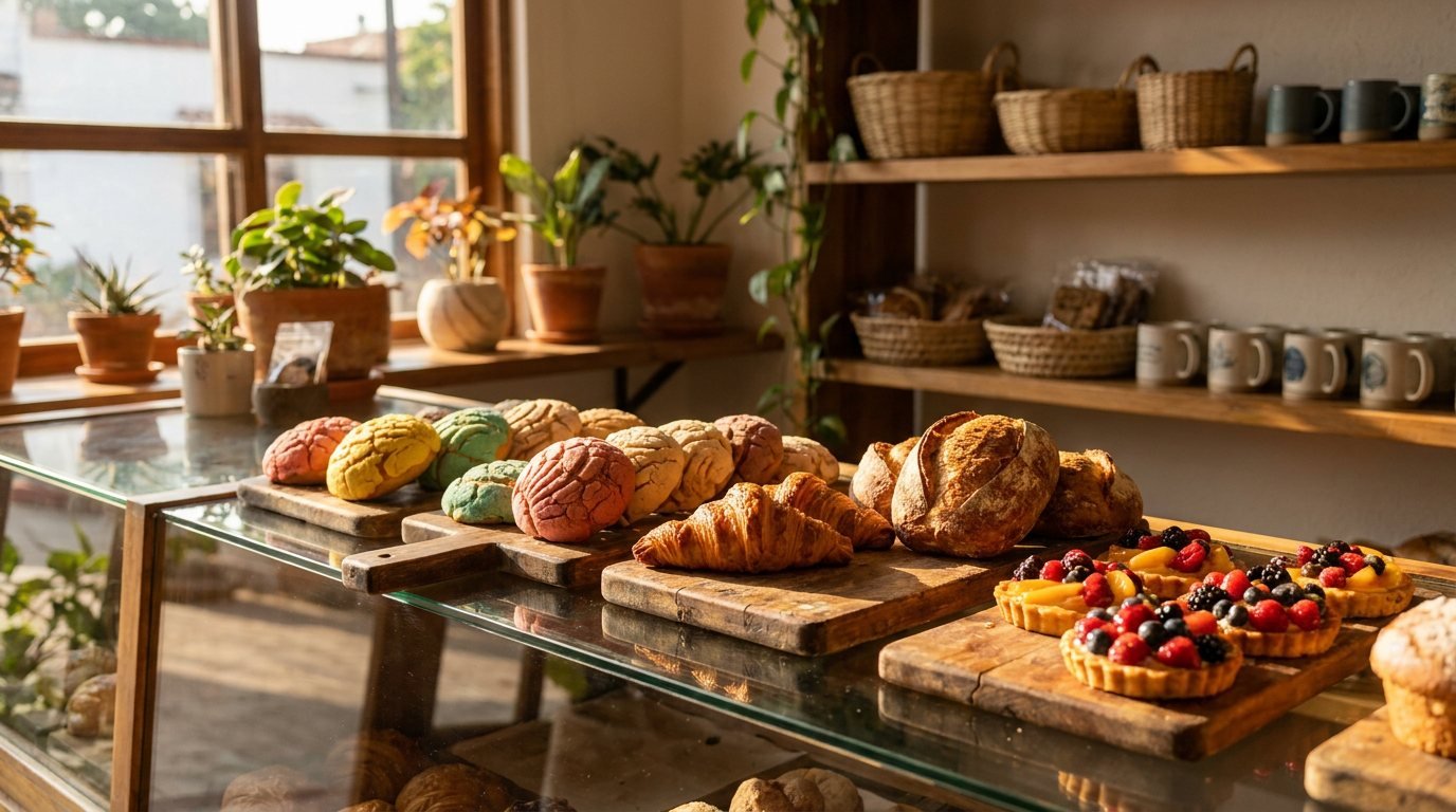 Artisan pastries, conchas and croissants displayed in a Puerto Vallarta bakery