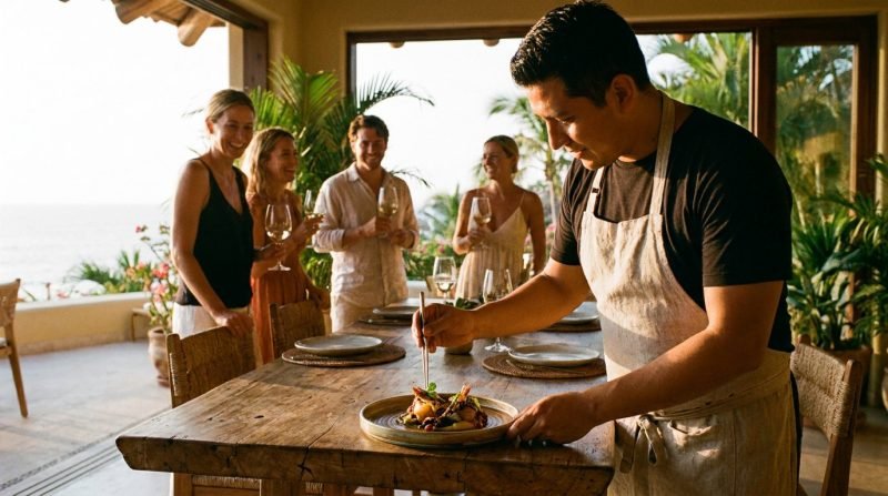Private chef plating a course at a villa dining table for guests in Puerto Vallarta