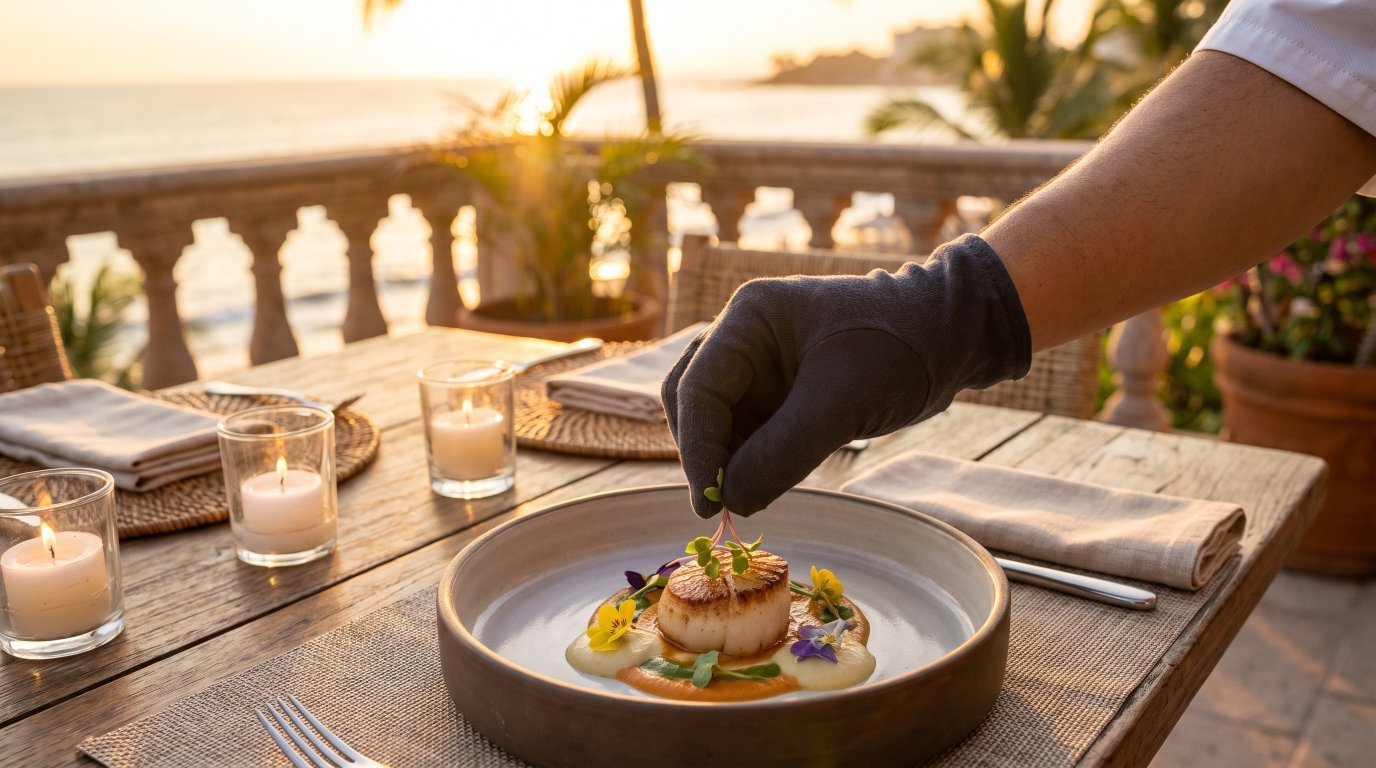 Private chef plating a gourmet course table-side in Puerto Vallarta