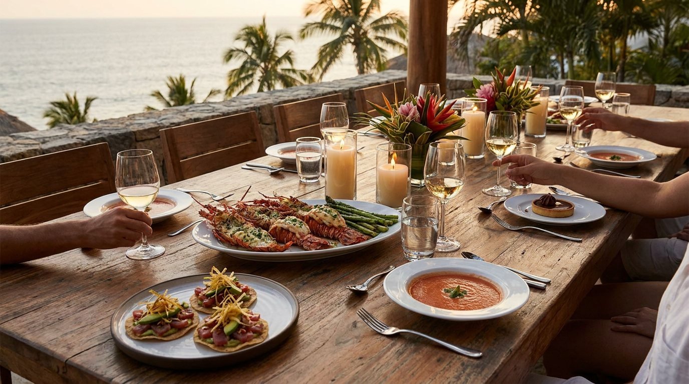 Private Dinner Party Menu Ideas – Puerto Vallarta Villa Multi-course private dinner party spread with tuna tostadas, grilled lobster and dessert on a Puerto Vallarta villa table