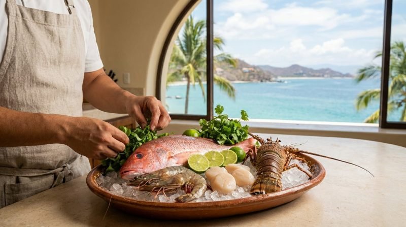 Private chef preparing fresh Pacific red snapper, shrimp and lobster in a Puerto Vallarta villa kitchen
