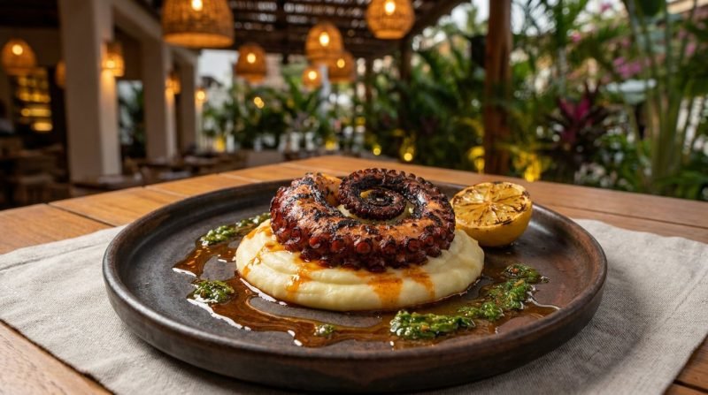 Charred grilled octopus tentacle on potato purée with smoked paprika oil