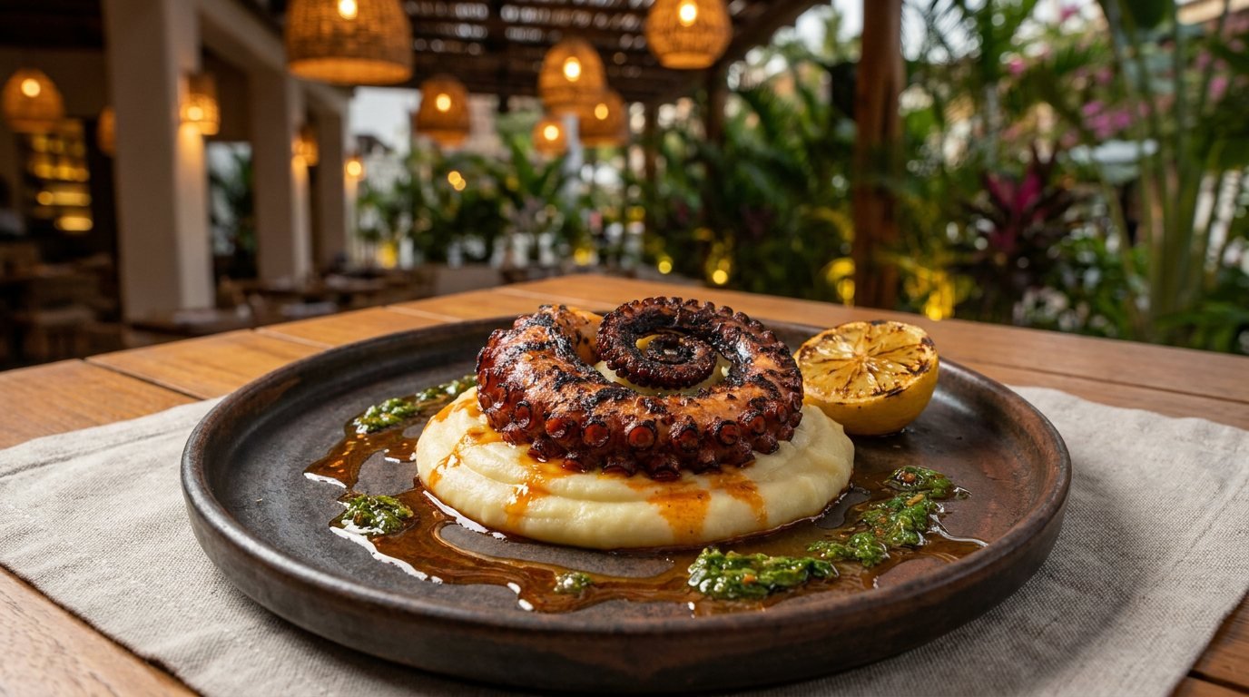 Grilled Octopus Recipe – Private Chef Puerto Vallarta Charred grilled octopus tentacle on potato purée with smoked paprika oil