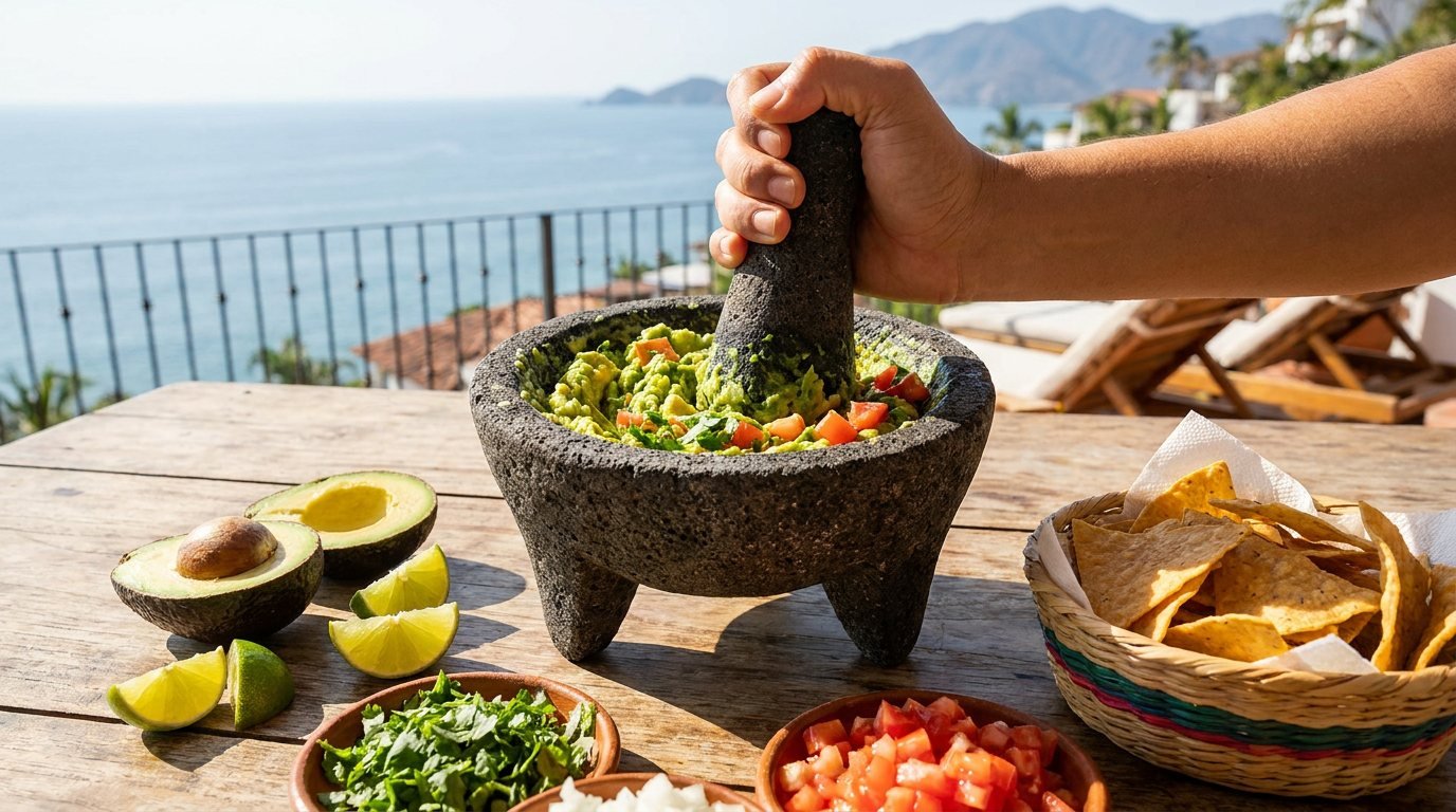 Authentic Guacamole Recipe – Private Chef Puerto Vallarta Fresh guacamole made table-side in a molcajete by a private chef in Puerto Vallarta