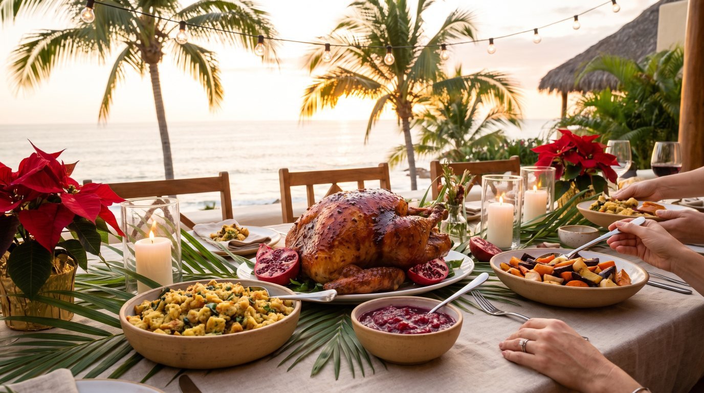 Holiday turkey dinner set on an oceanfront villa terrace in Puerto Vallarta