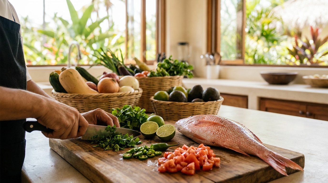 Private chef chopping fresh cilantro, limes and fish on a cutting board in Puerto Vallarta