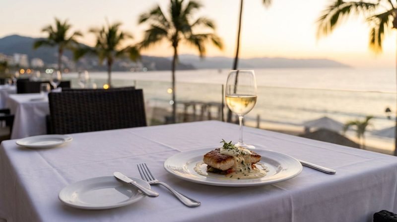 Fine-dining table with seared fish and white wine at an international restaurant in Puerto Vallarta
