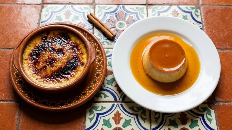 Jericalla in a clay cup next to a classic flan with caramel on Mexican tiles