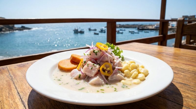 Peruvian ceviche with leche de tigre, red onion, sweet potato and choclo by the sea
