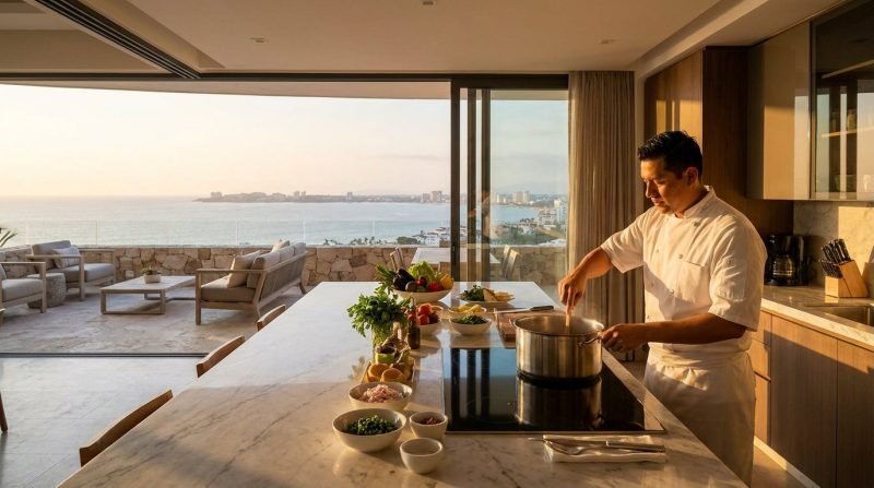 Private chef cooking in a luxury villa kitchen with ocean view in Puerto Vallarta