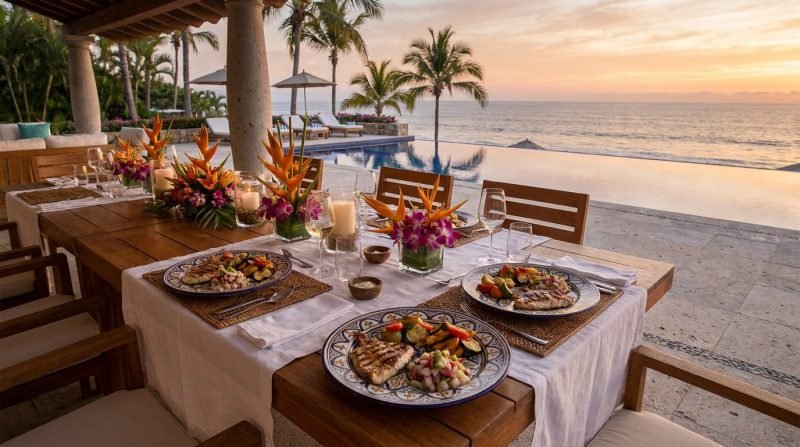 Oceanfront villa dining table beside the pool in Nuevo Vallarta, Riviera Nayarit