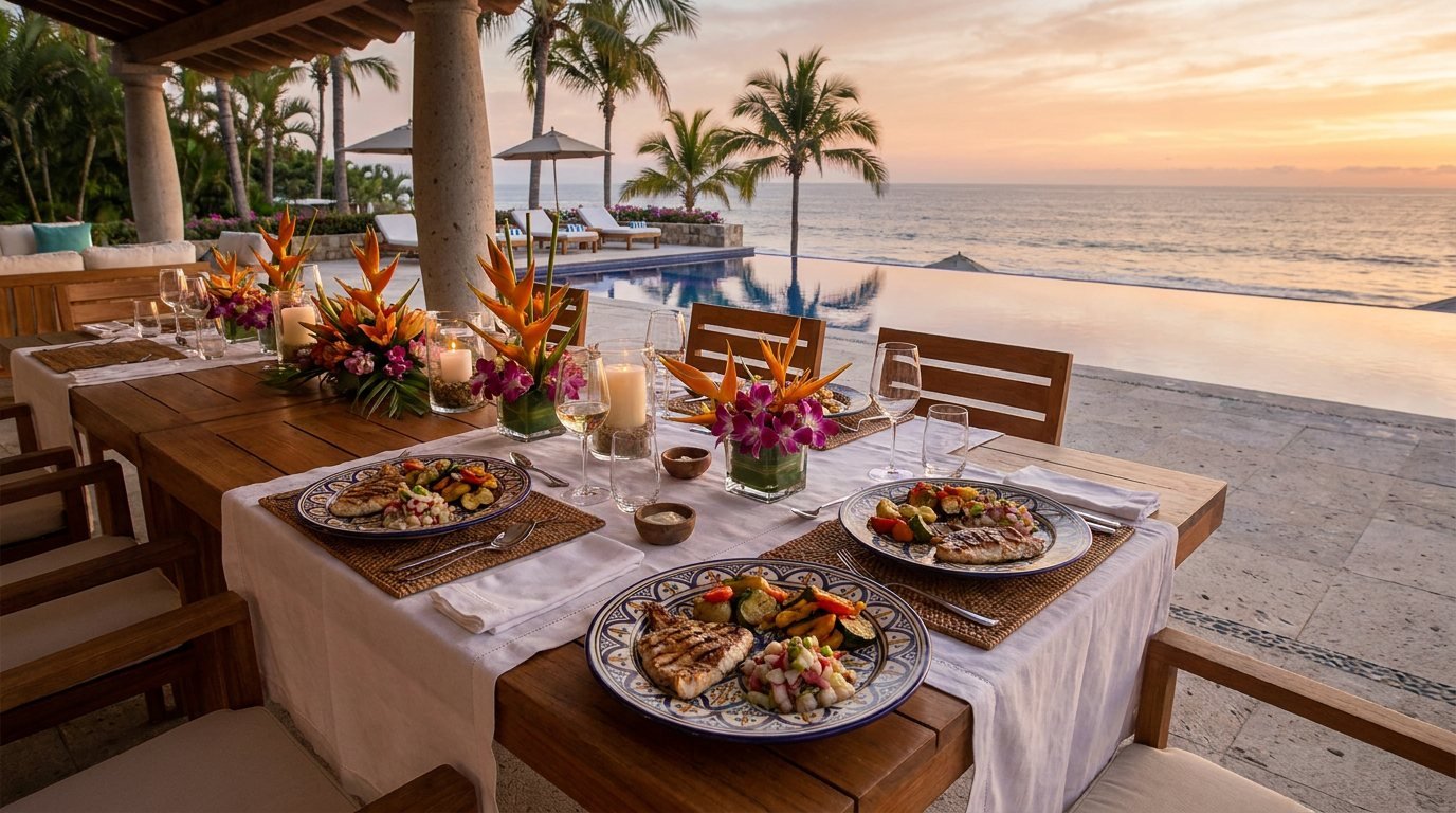 Private Dining in Nuevo Vallarta & Riviera Nayarit Oceanfront villa dining table beside the pool in Nuevo Vallarta, Riviera Nayarit