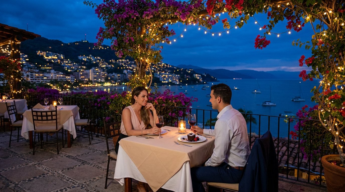 Most Romantic Restaurants in Puerto Vallarta Couple at a candlelit table under bougainvillea at a romantic restaurant in Puerto Vallarta