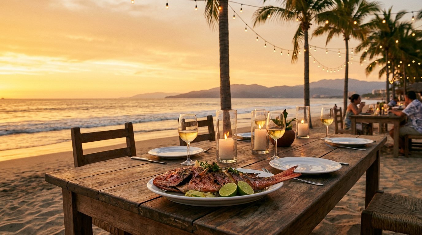 Beachfront restaurant table at sunset on Banderas Bay, Puerto Vallarta
