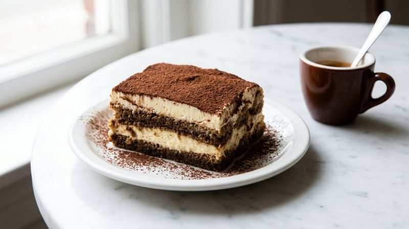 Classic Italian tiramisu dusted with cocoa served with espresso
