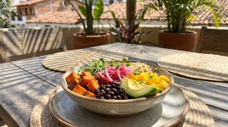 Colorful plant-based vegan bowl at a tropical café in Puerto Vallarta