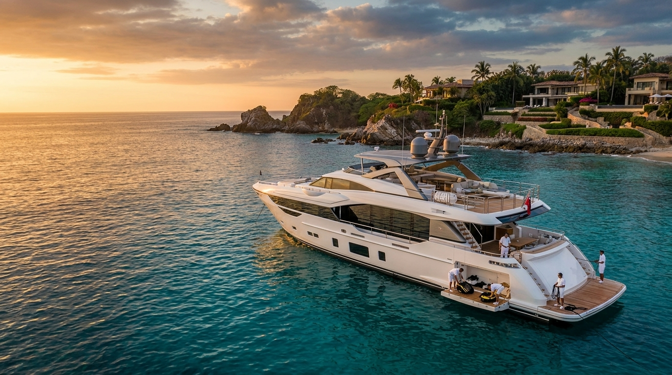 Luxury yacht deck set for a private chef dinner at sea off Punta Mita