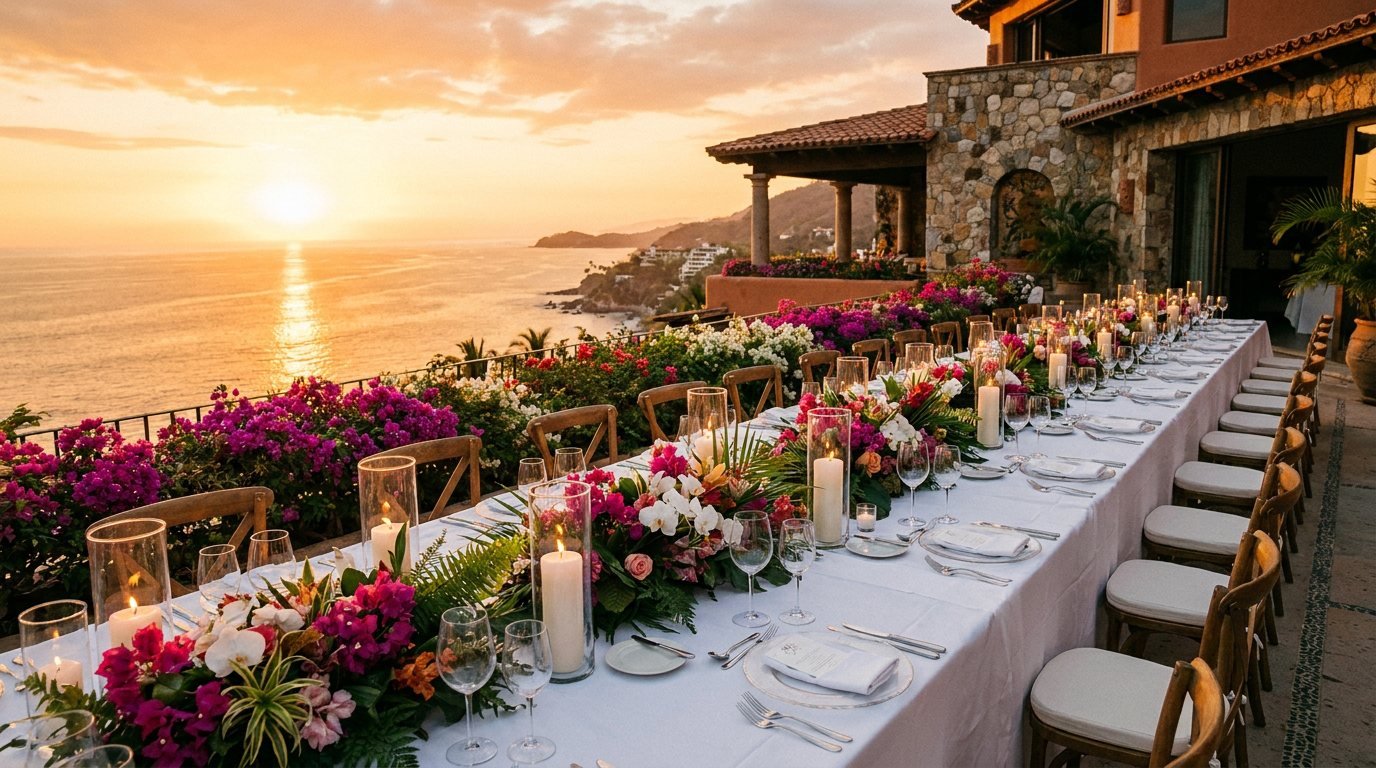 Elegant long dinner table set at sunset on a cliffside villa terrace in Puerto Vallarta