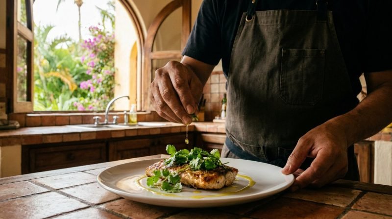 Private chef finishing a plated dish with fresh herbs in a Puerto Vallarta villa kitchen