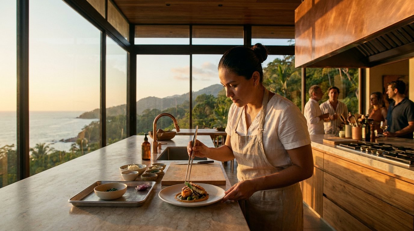 Private chef plating a gourmet dish in a luxury Puerto Vallarta villa kitchen with ocean view