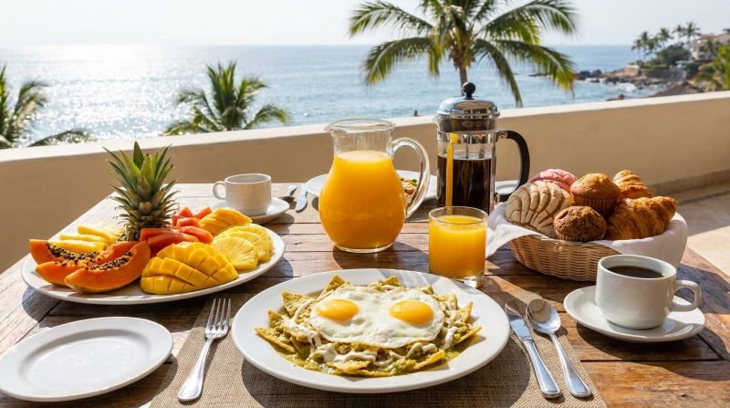 In-villa breakfast with chilaquiles, tropical fruit and coffee on a Puerto Vallarta terrace