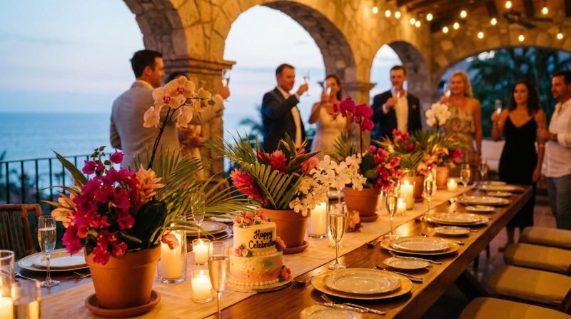 Celebration dinner table with tropical flowers, candles and champagne in a Puerto Vallarta villa