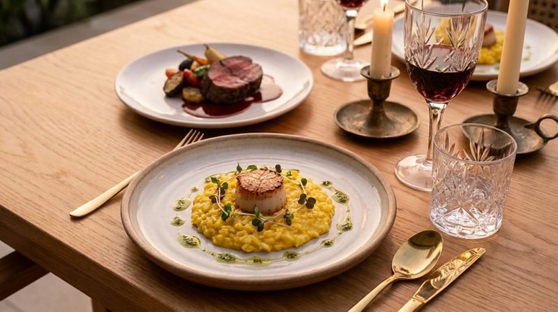Multi-course private dinner of seared scallops and beef tenderloin on a candlelit villa table