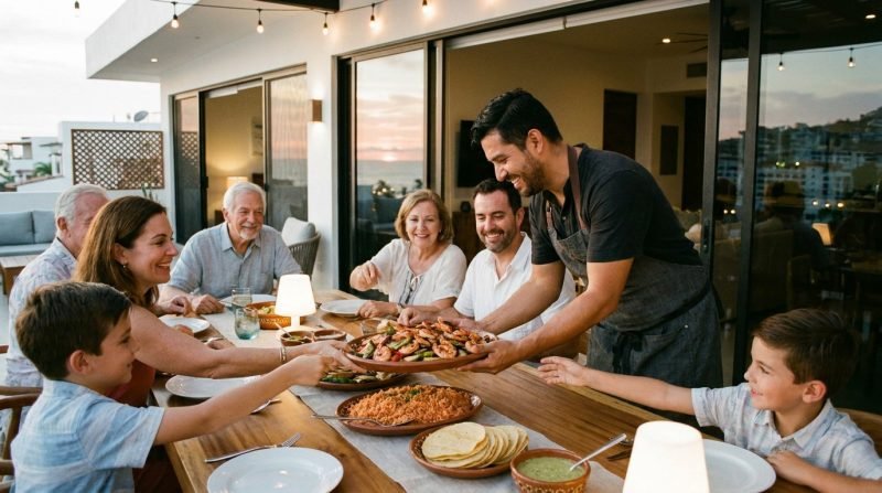 Private chef serving family-style sharing platters in a Puerto Vallarta vacation condo