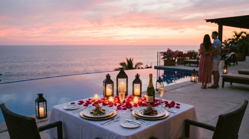 Romantic candlelit dinner for two beside an infinity pool at sunset in Puerto Vallarta