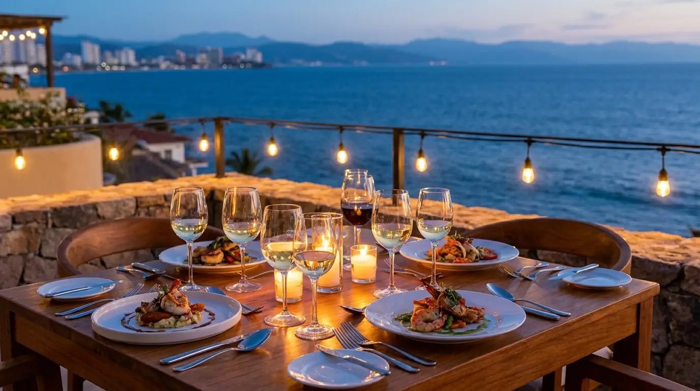 Private chef plated multi-course dinner on a Puerto Vallarta villa terrace