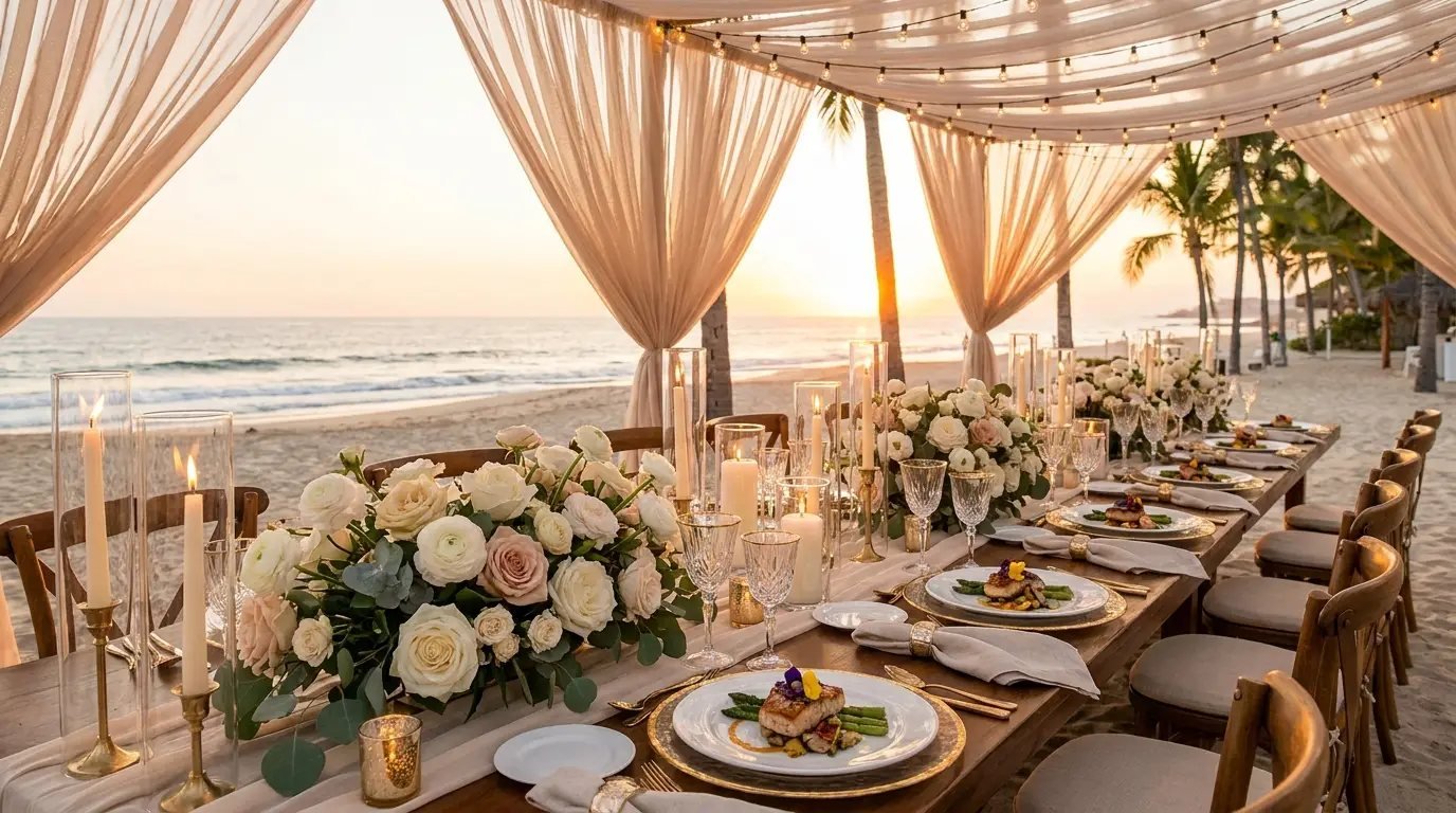 Elegant beachfront wedding reception dinner table at sunset in Puerto Vallarta